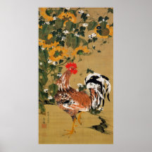 5. 向日葵雄鶏図, girassol do 若冲 e galo, Jakuchū Pôsteres