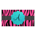 A zebra cor-de-rosa listra o monograma cartao com fotos personalizado