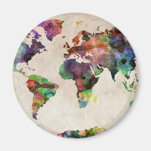 Aguarela urbana do mapa do mundo ima de geladeira