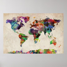 Aguarela urbana do mapa do mundo posters