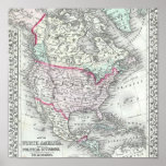 America do Norte e o mapa antigo dos Estados Unido Pôsteres