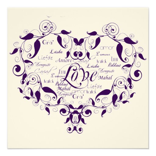 Amor em alguma língua no convite roxo do casamento