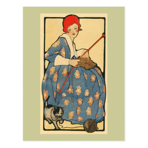 Arte Nouveau - menina que faz malha com seu gato Cartão Postal