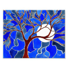Árvore e lua em canvas - azul impressão fotográficas