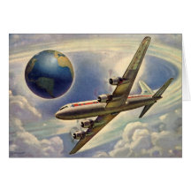Avião do vintage que voa em todo o mundo nas nuven cartões