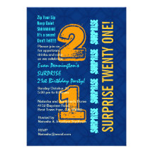 Azul do aniversário de 21 anos da SURPRESA e ouro  Convites Personalizado
