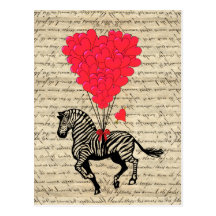 Balões engraçados da zebra & do coração do vintage cartoes postais