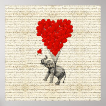 Balões românticos do elefante & do coração poster