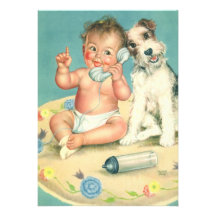 Bebê bonito do vintage que fala no cão de filhote  convite personalizado