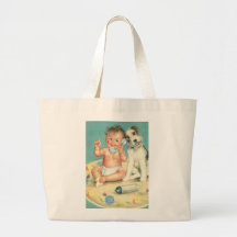 Bebê bonito do vintage que fala no cão de filhote  bolsas para compras