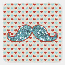 BIGODE AZUL E BRILHO VERMELHO DOS CORAÇÕES ADESIVOS QUADRADOS