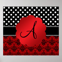 Bolinhas vermelhas do preto do damasco do monogram posters