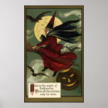 Bruxa do Dia das Bruxas do vintage que monta uma v Poster