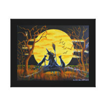 Bruxa, gatos pretos, bastões, lua, o Dia das Bruxa Impressão De Canvas Esticadas