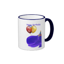 Caneca azul do aniversário do hipopótamo feliz