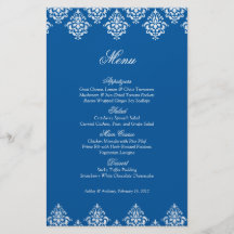Cartão branco azul do menu do casamento do Arabesq Modelo De Panfletos