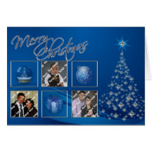 Cartão com fotos azul da árvore de Natal