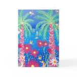 Cartão da arte: Mar azul tropical e palmas cor-de- postais