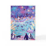 Cartão da arte: Partido roxo do pinguim no jardim  postais