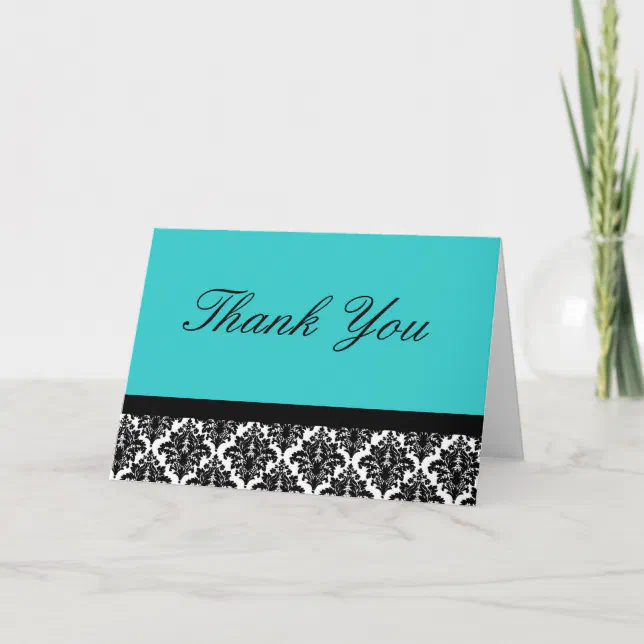 Cartão De Agradecimento Teal and black damask thank you card Zazzle