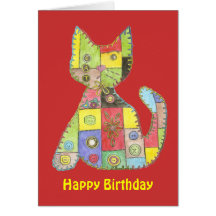 Cartão de aniversário com gato dos retalhos