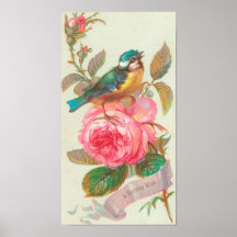 Cartão de aniversário do vintage com pássaro e ros posteres