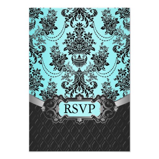 Cartões Wedding azuis do damasco preto RSVP Convites Personalizados