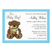 Chá de fraldas azul do menino das bolinhas do urso convites personalizado