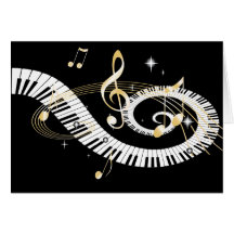 Chaves do piano e notas douradas da música cartao