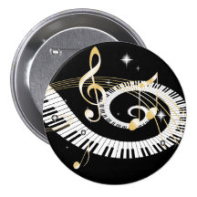 Chaves do piano e notas douradas da música pins