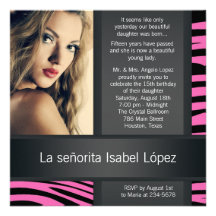 Convites de Quinceanera da foto da zebra do rosa q