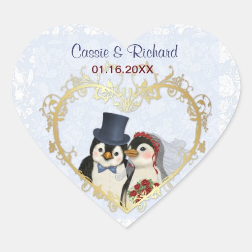 Coração do casamento do pinguim - personalize adesivo em forma de coração