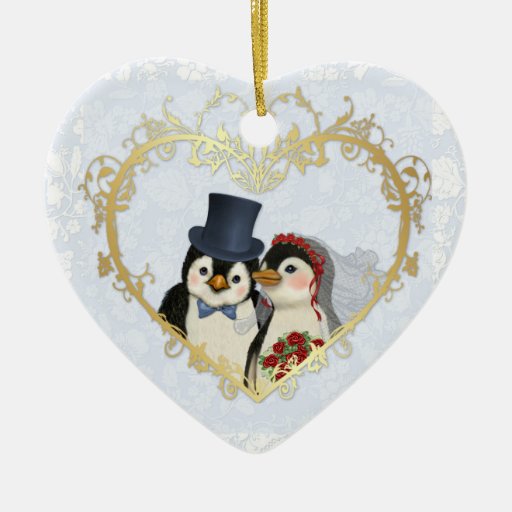 Coração do casamento do pinguim - personalize para enfeite para arvore de natal