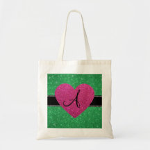 Coração do rosa do brilho do verde do monograma bolsas para compras