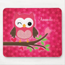 Coruja bonito do rosa quente feminino mousepad
