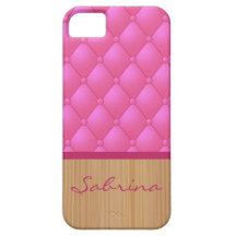 Couro cor-de-rosa adornado falsificação com madeir iPhone 5 capas