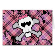 Crânio cor-de-rosa e Crossbones com corações e arc Cartão