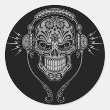 Crânio do açúcar do DJ - preto Adesivos Redondos