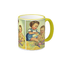 Crianças do vintage, garrafa feliz bonito do sorri caneca