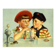 Crianças, menino e menina do vintage compartilhand cartões postais