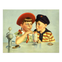 Crianças, menino e menina do vintage compartilhand convites