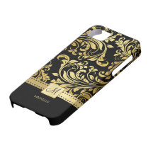 Damasco elegante do preto & do ouro com monograma capa iPhone 5