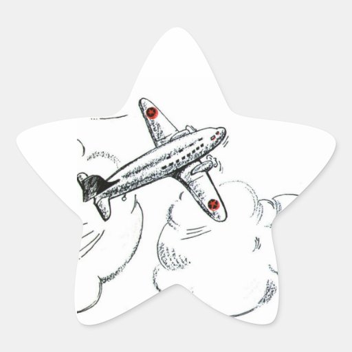 Desenho preto e branco do avião do vintage adesivo em forma de estrela