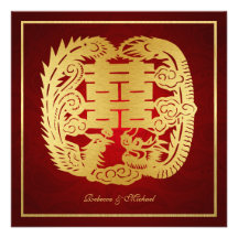 Dragão dobro chinês da felicidade/casamento de Pho Convite Personalizados