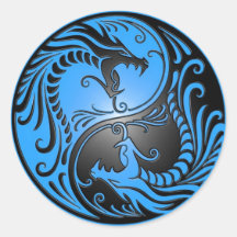 Dragões, azul e preto de Yin Yang Adesivos Em Formato Redondos