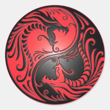 Dragões, vermelho e preto de Yin Yang Adesivos Em Formato Redondos