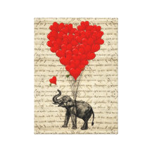 Elefante e balões dados forma coração impressão de canvas envolvida
