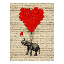 Elefante e balões dados forma coração cartões postais