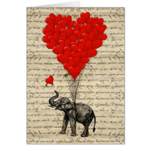 Elefante e balões dados forma coração cartoes