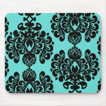 elegância preta do damasco no azul do aqua mouse pads